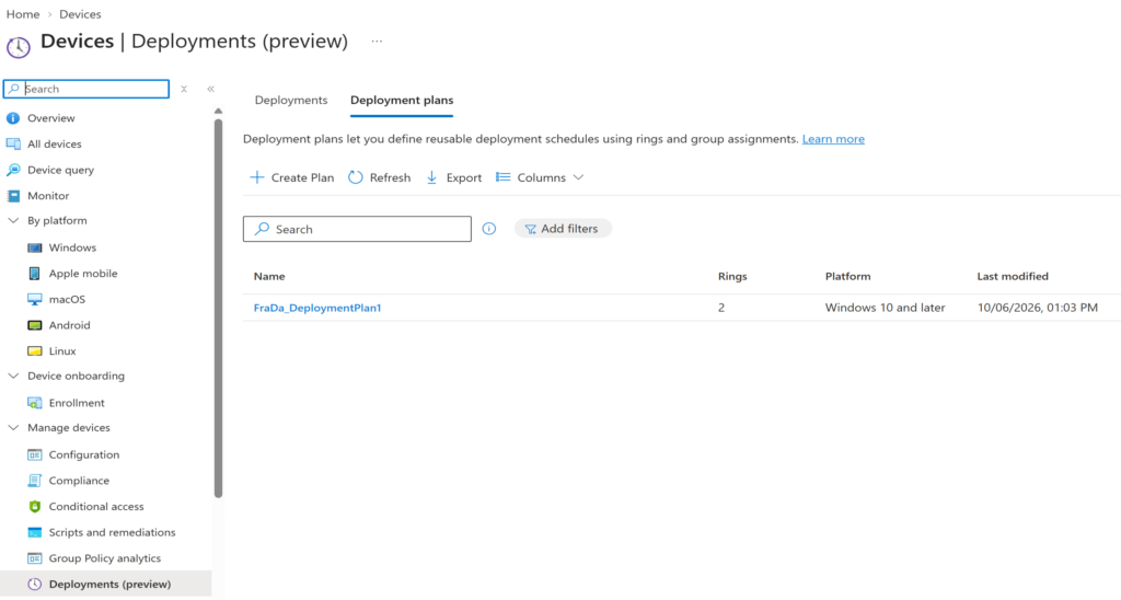 Devices Deployments (preview) page in the Intune admin center with the Deployment plans tab and one Windows plan with two rings