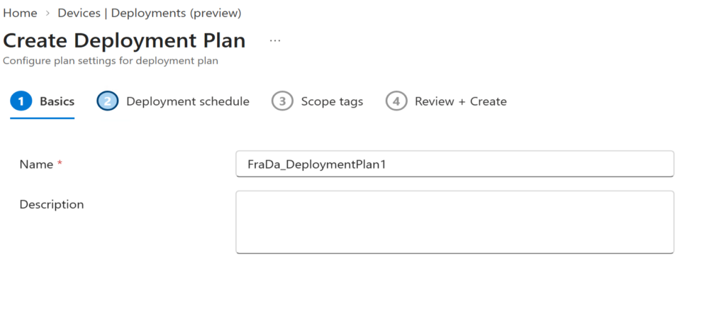 Create Deployment Plan wizard on the Basics step with name and description fields