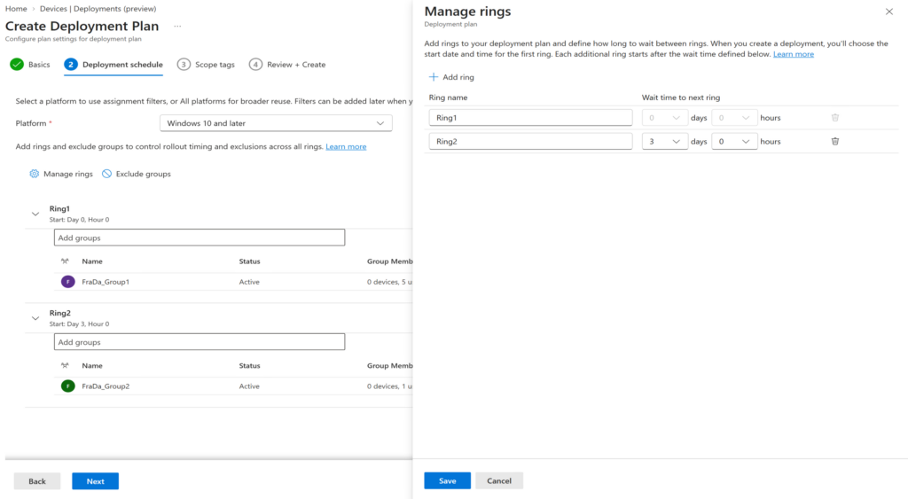 Create Deployment Plan Deployment schedule step with the Manage rings pane, two rings and a three day wait time before Ring2
