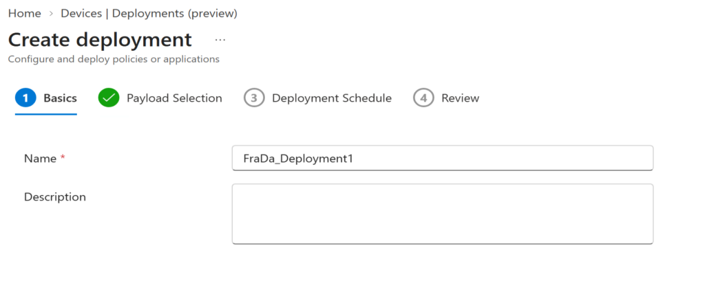 Create deployment wizard on the Basics step with the deployment name
