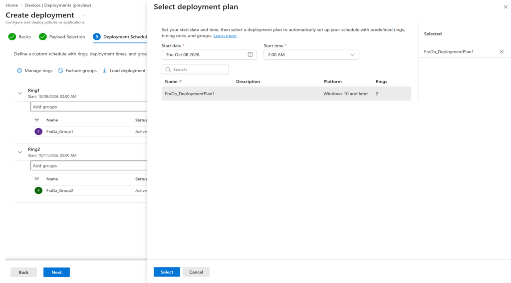 Deployment schedule with Ring1 and Ring2 loaded from the deployment plan and calculated start dates