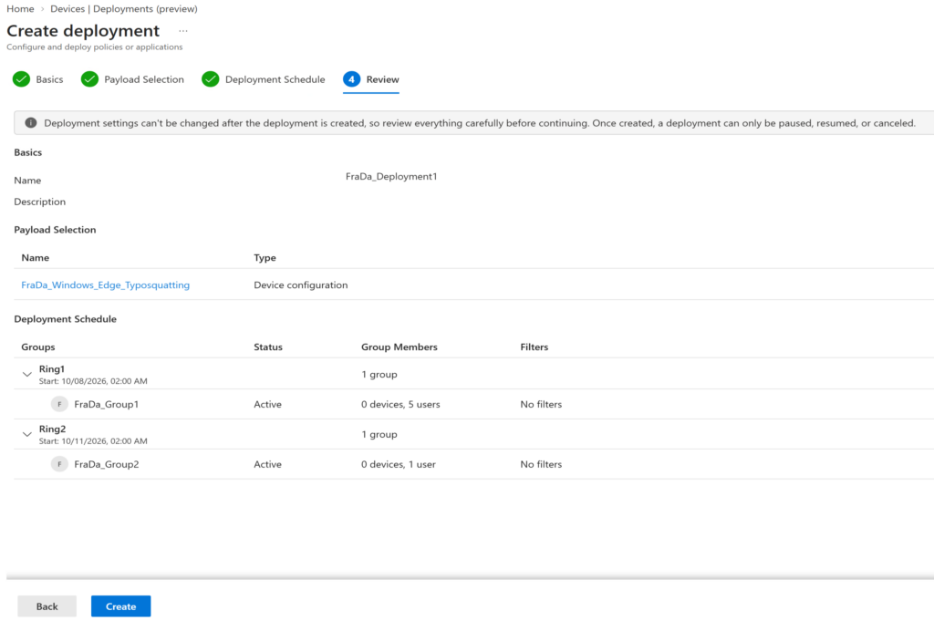 Create deployment Review step with the warning that deployment settings cannot be changed after creation